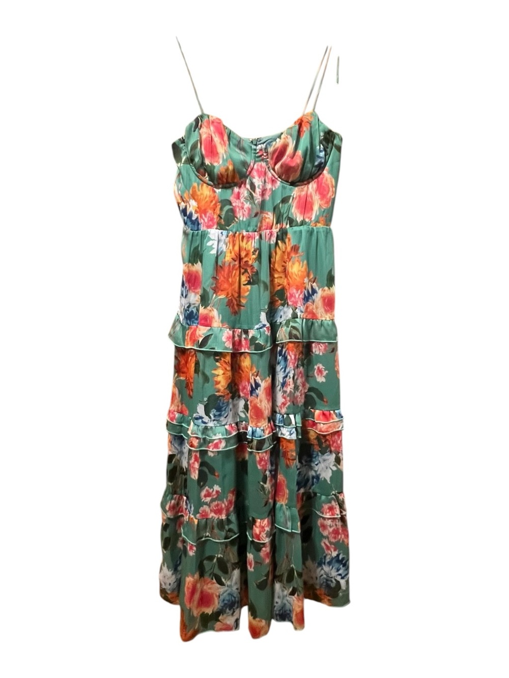 Harlyn Floral Bustier Tiered Ruffle Maxi Dress Sage Green Size S - Picture 3 of 8